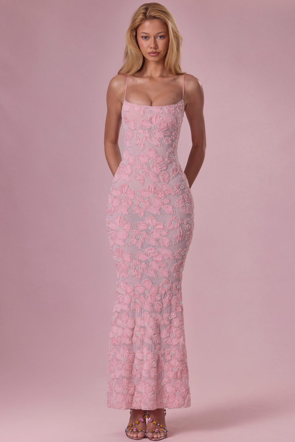 Embellished Square Neck Maxi Dress in Blush — front view