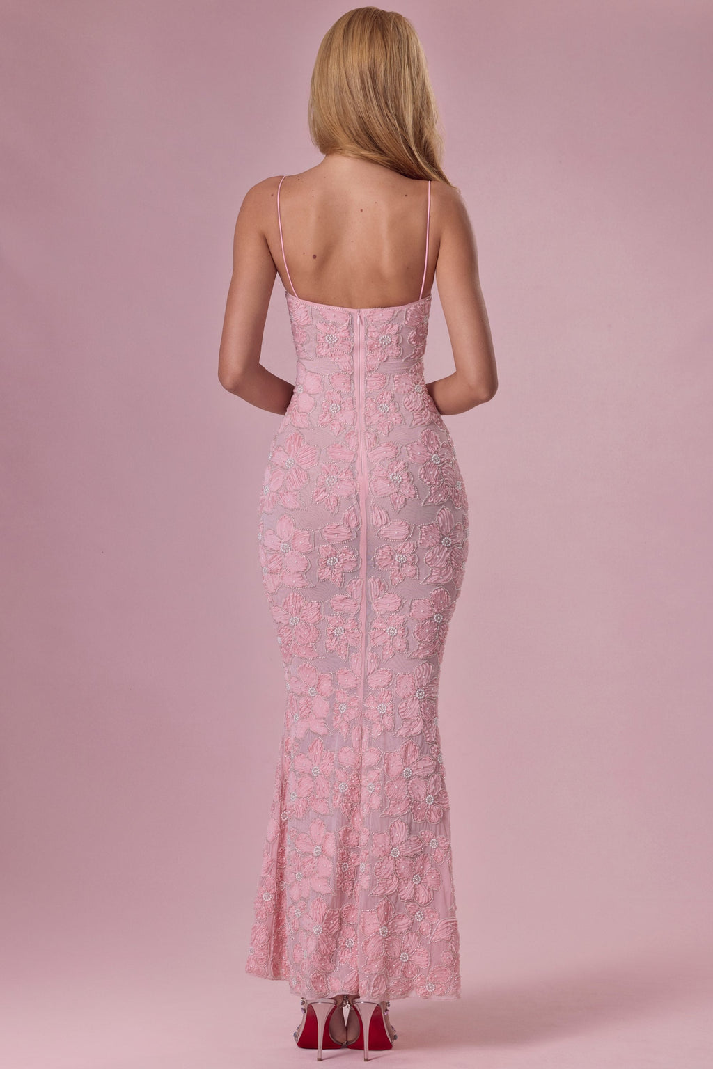 Embellished Square Neck Maxi Dress in Blush — back view