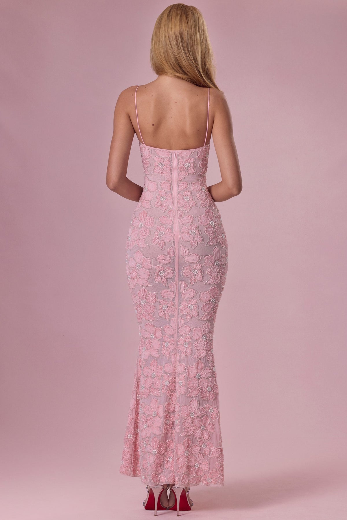 Embellished Square Neck Maxi Dress in Blush — back view