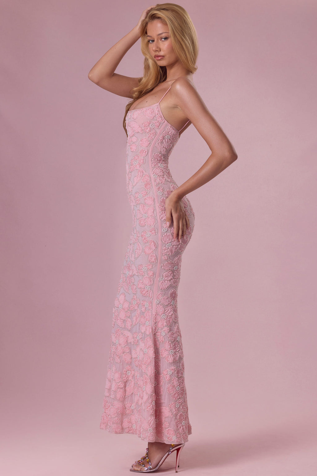 Embellished Square Neck Maxi Dress in Blush — side view