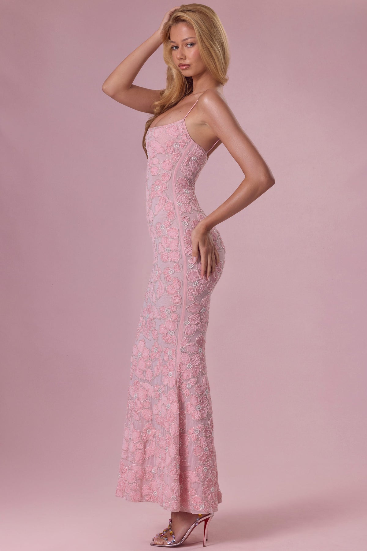 Embellished Square Neck Maxi Dress in Blush — side view