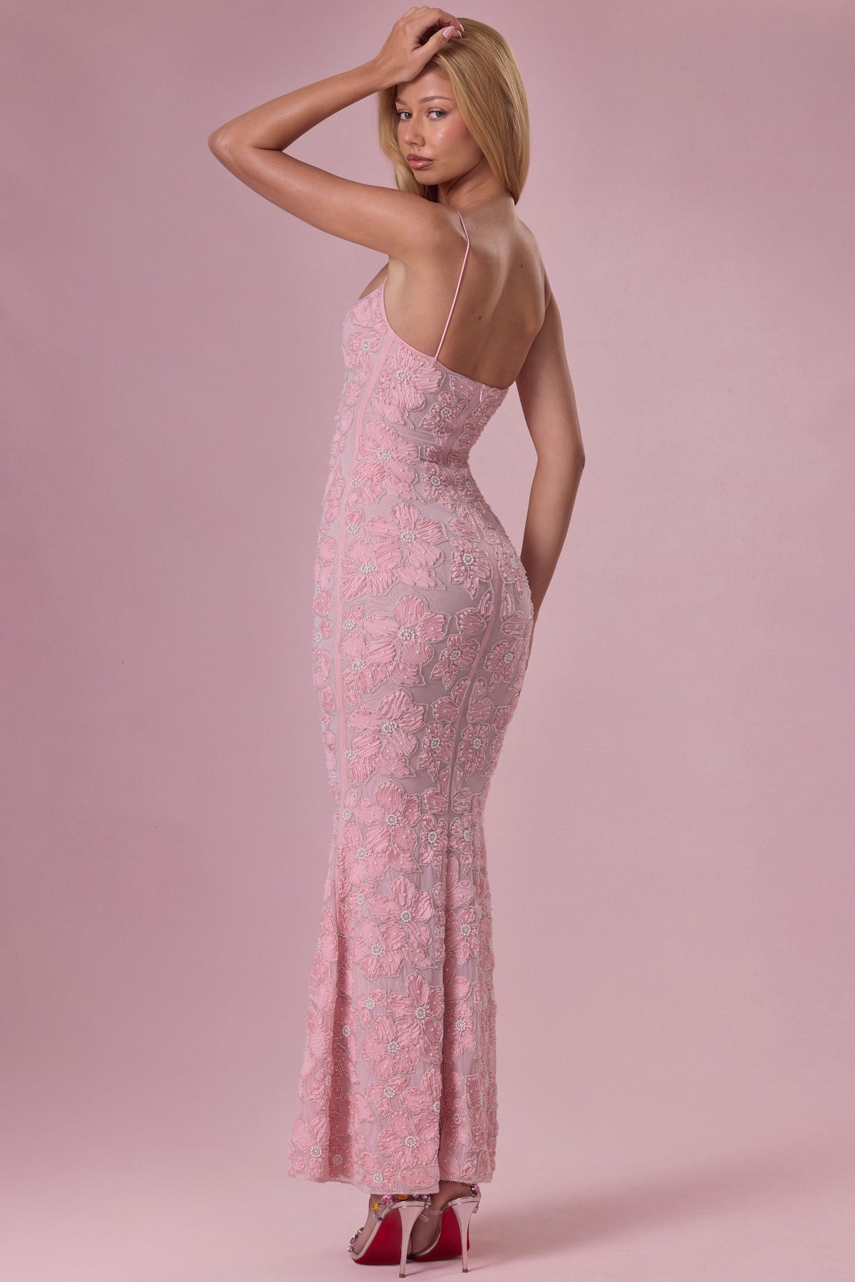 Embellished Square Neck Maxi Dress in Blush — three-quarter view, back