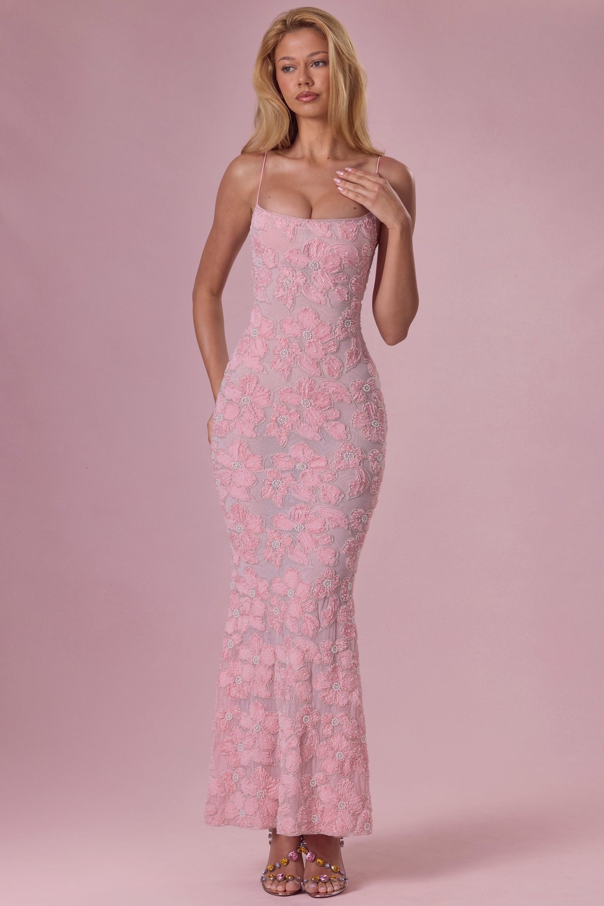 Embellished Square Neck Maxi Dress in Blush — front view, full length