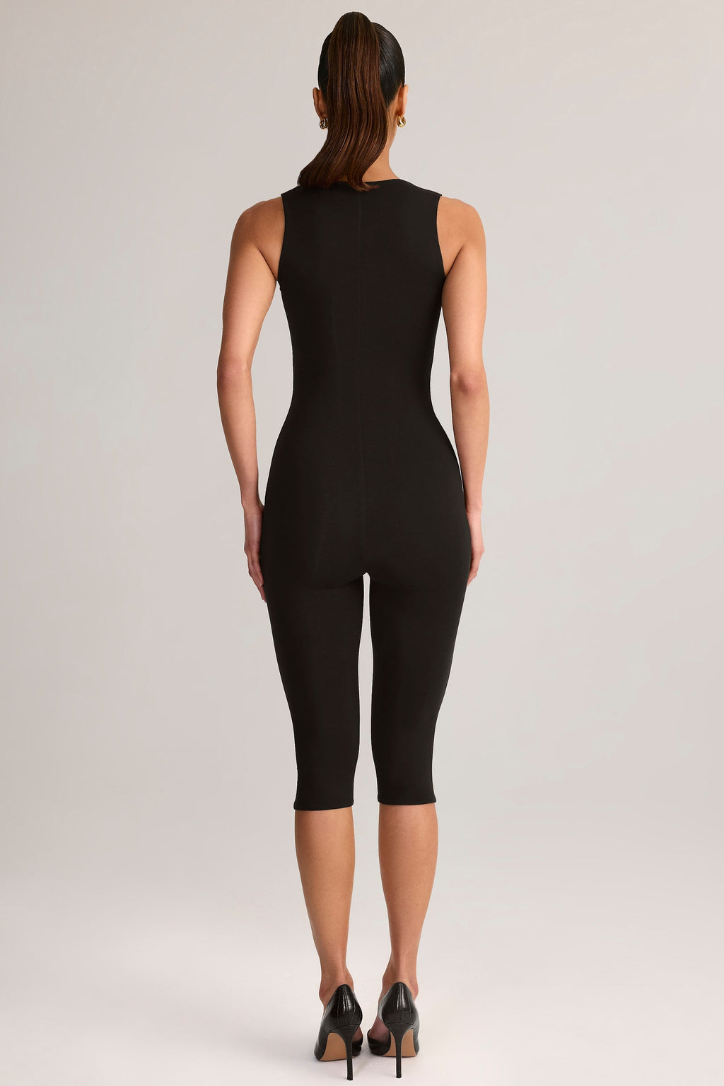 Modal Square-Neck Bodycon Capri Jumpsuit in Black — back view