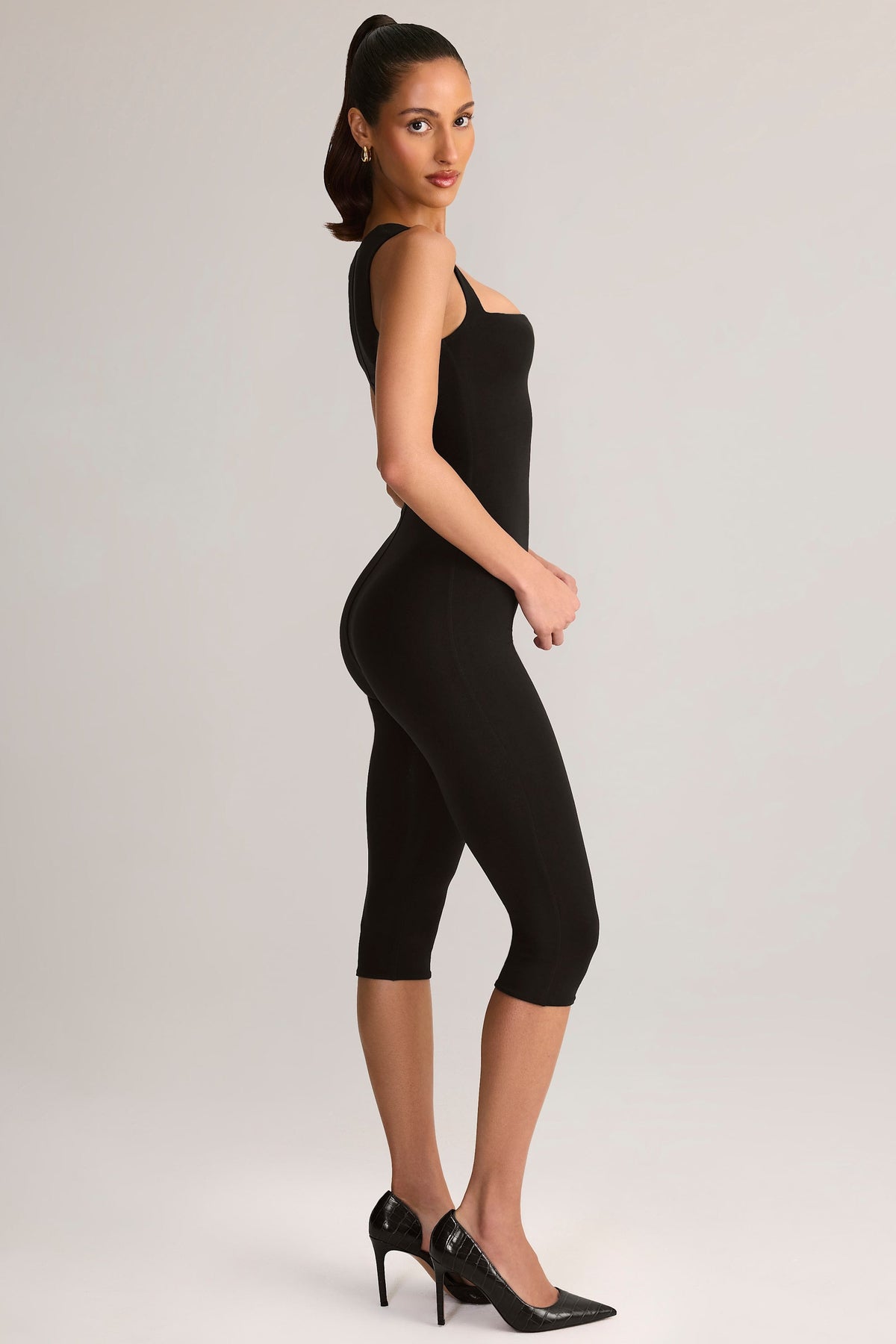 Modal Square-Neck Bodycon Capri Jumpsuit in Black — side view