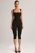 Modal Square-Neck Bodycon Capri Jumpsuit in Black — three-quarter view