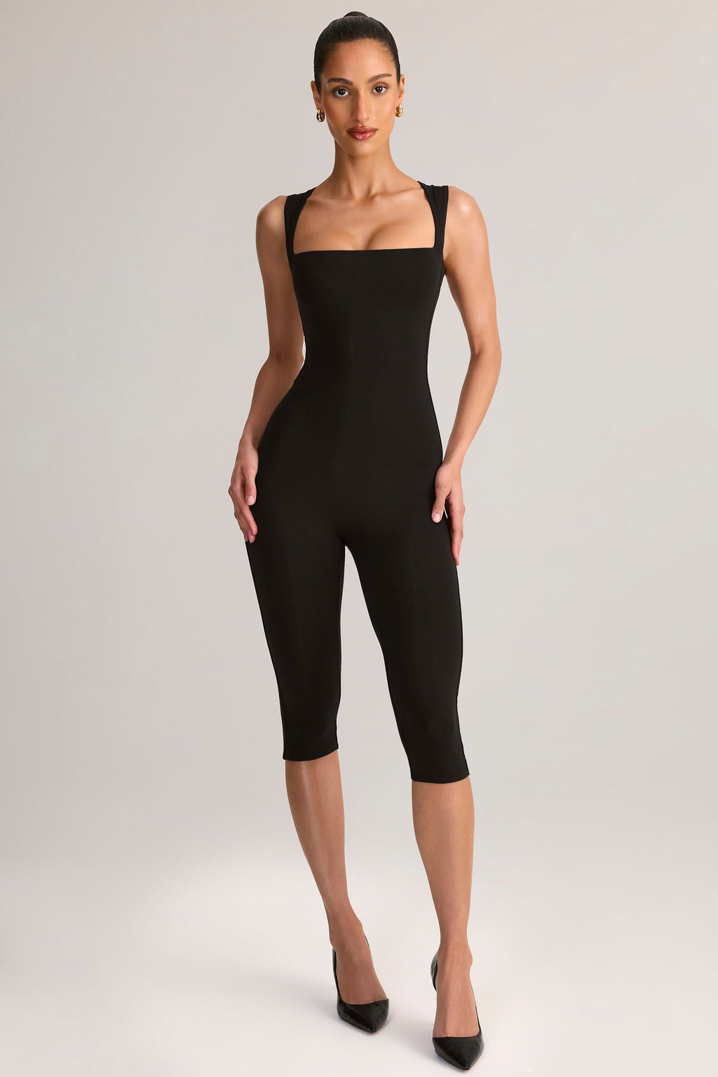 Modal Square-Neck Bodycon Capri Jumpsuit in Black — front view, full length
