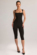Modal Square-Neck Bodycon Capri Jumpsuit in Black — front view, full length