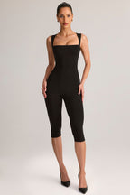 Modal Square-Neck Bodycon Capri Jumpsuit in Black — front view, full length