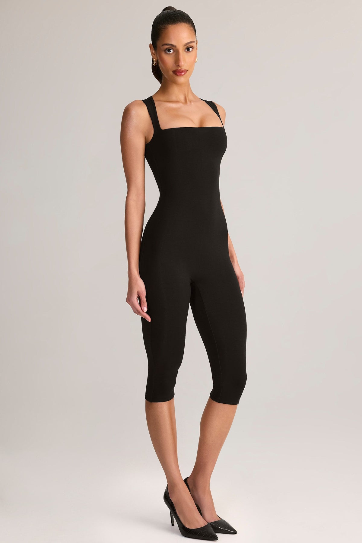 Modal Square-Neck Bodycon Capri Jumpsuit in Black — front view, full length