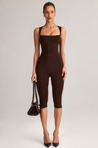 Modal Square-Neck Bodycon Capri Jumpsuit in Chocolate Brown — front view