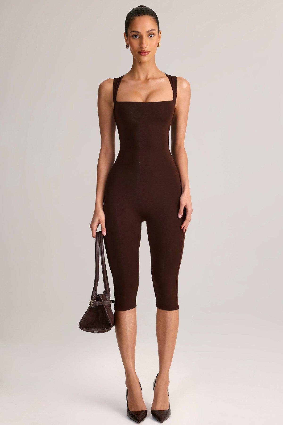 Modal Square-Neck Bodycon Capri Jumpsuit in Chocolate Brown — front view