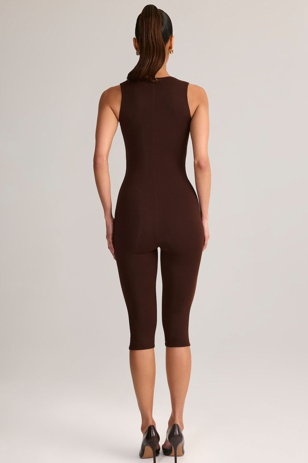 Modal Square-Neck Bodycon Capri Jumpsuit in Chocolate Brown — back view