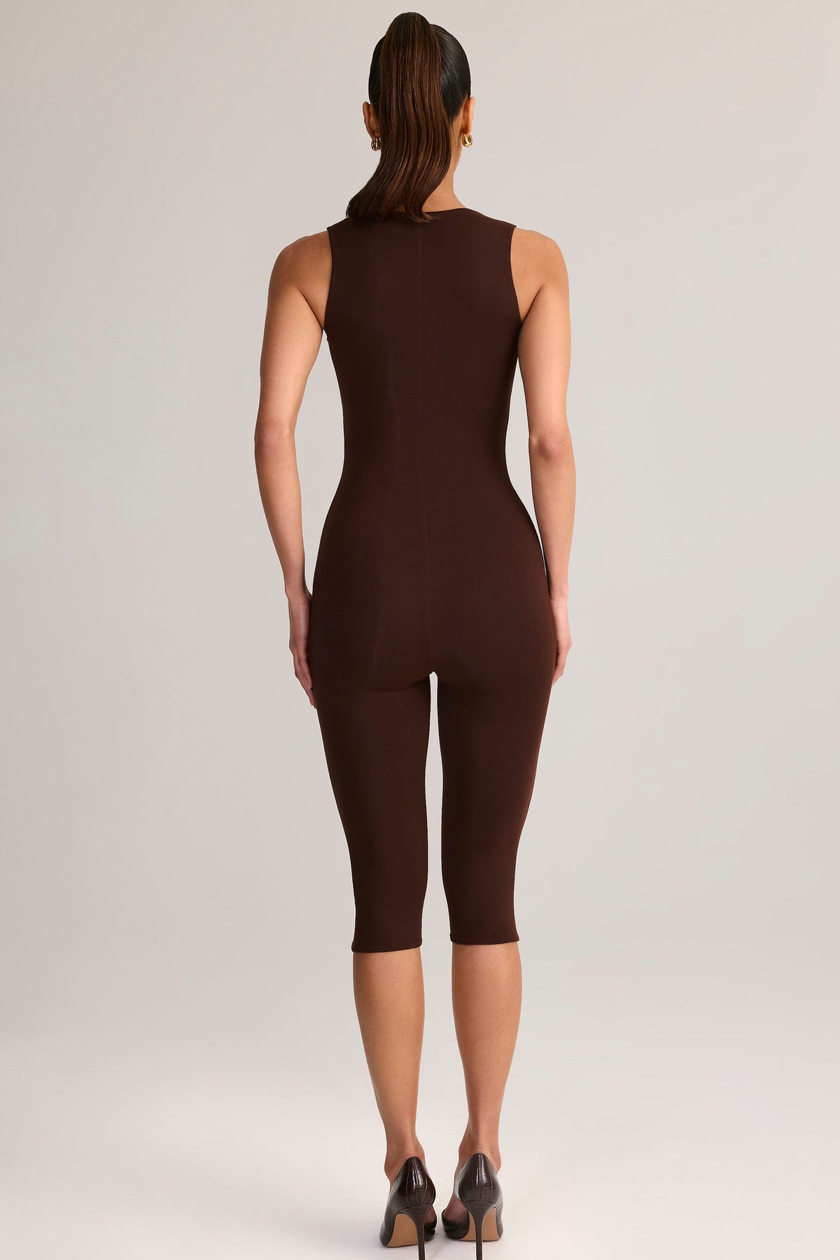 Modal Square-Neck Bodycon Capri Jumpsuit in Chocolate Brown — back view