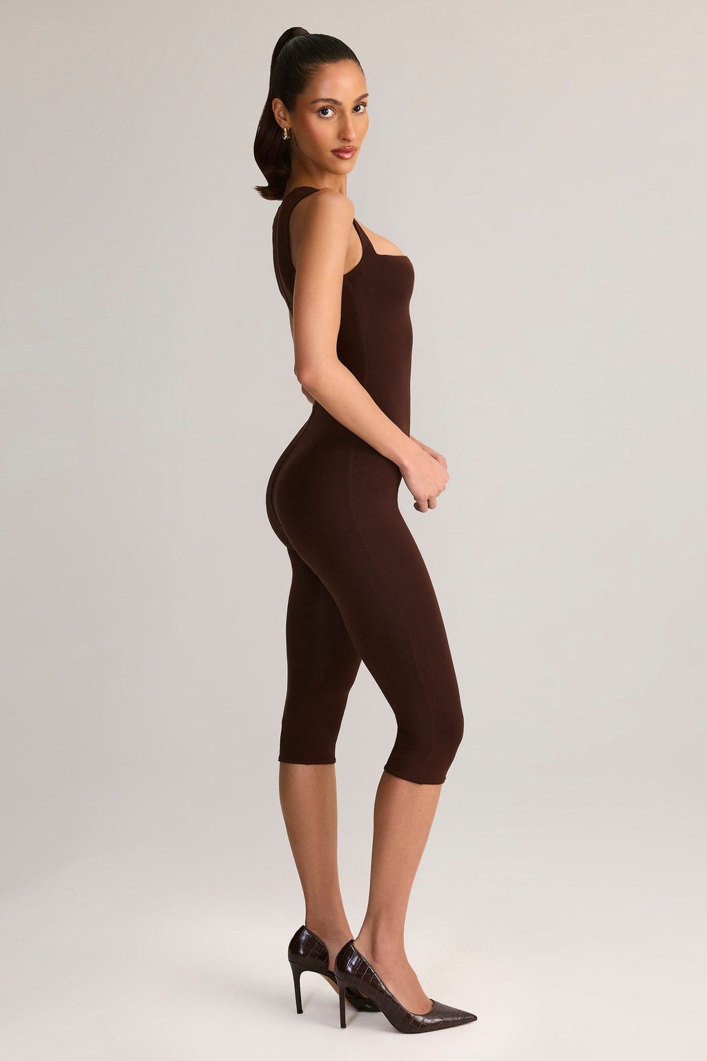 Modal Square-Neck Bodycon Capri Jumpsuit in Chocolate Brown — side view