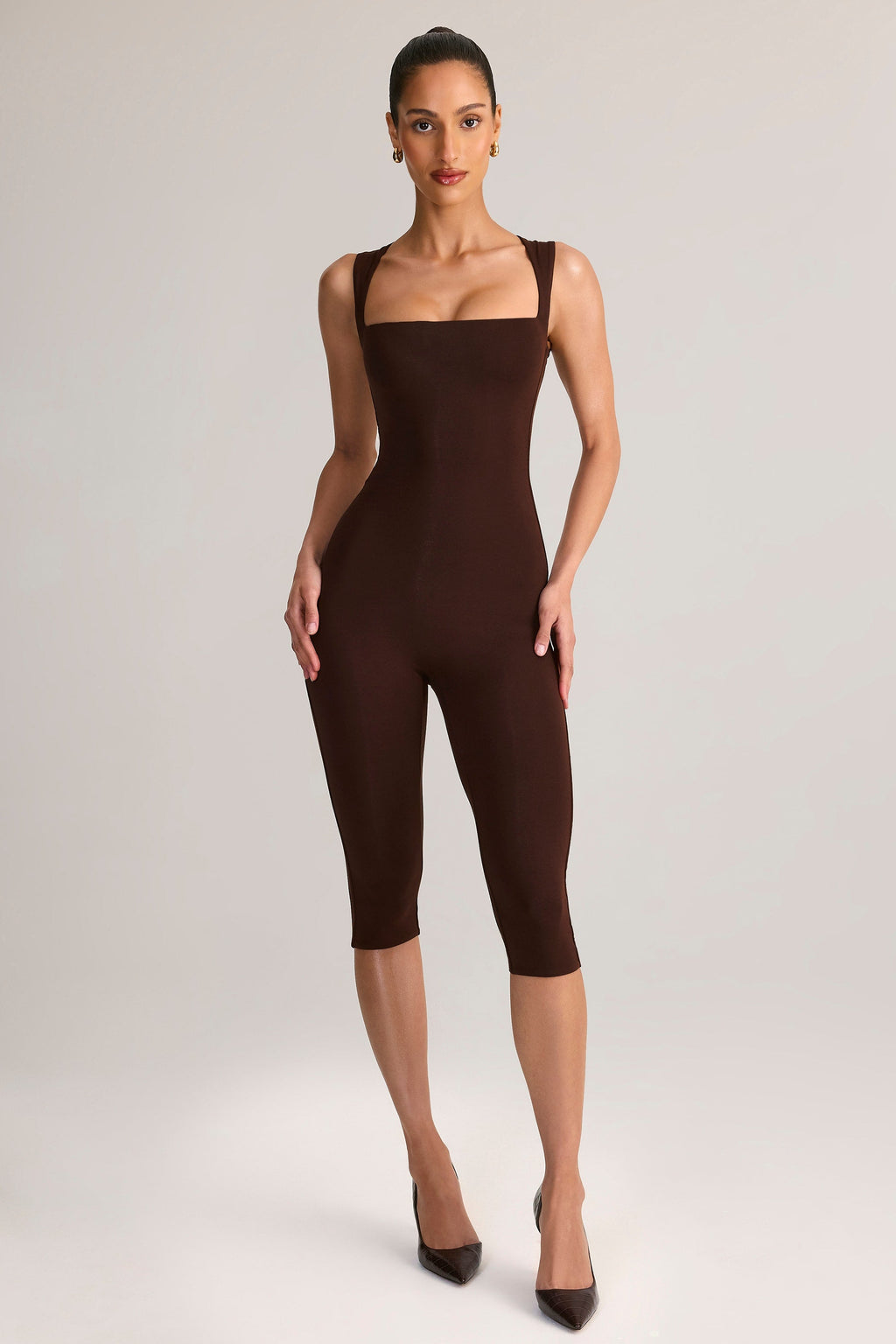Modal Square-Neck Bodycon Capri Jumpsuit in Chocolate Brown — on model