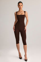 Modal Square-Neck Bodycon Capri Jumpsuit in Chocolate Brown — on model