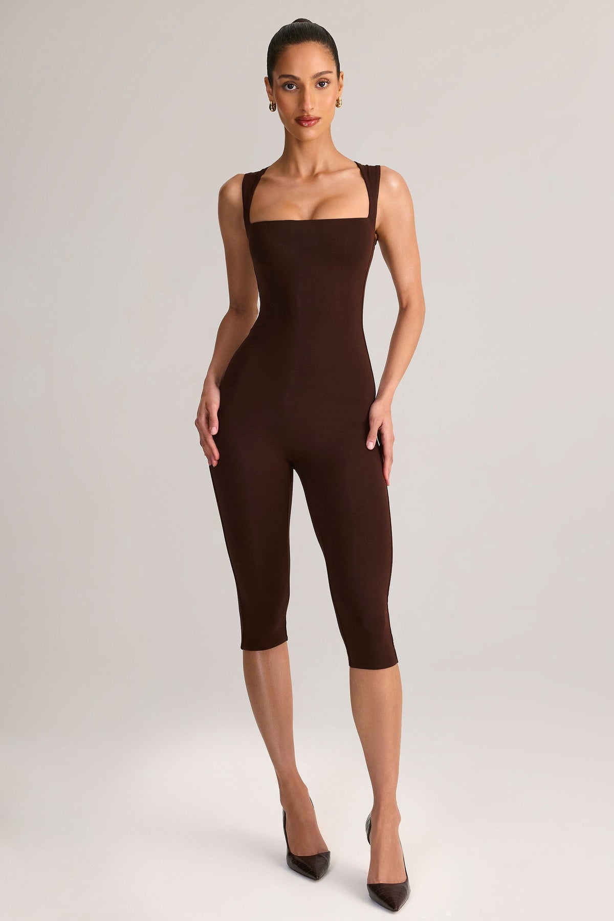 Modal Square-Neck Bodycon Capri Jumpsuit in Chocolate Brown — on model