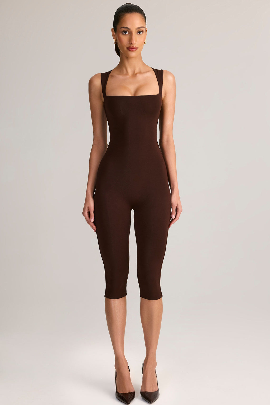 Modal Square-Neck Bodycon Capri Jumpsuit in Chocolate Brown — three-quarter view