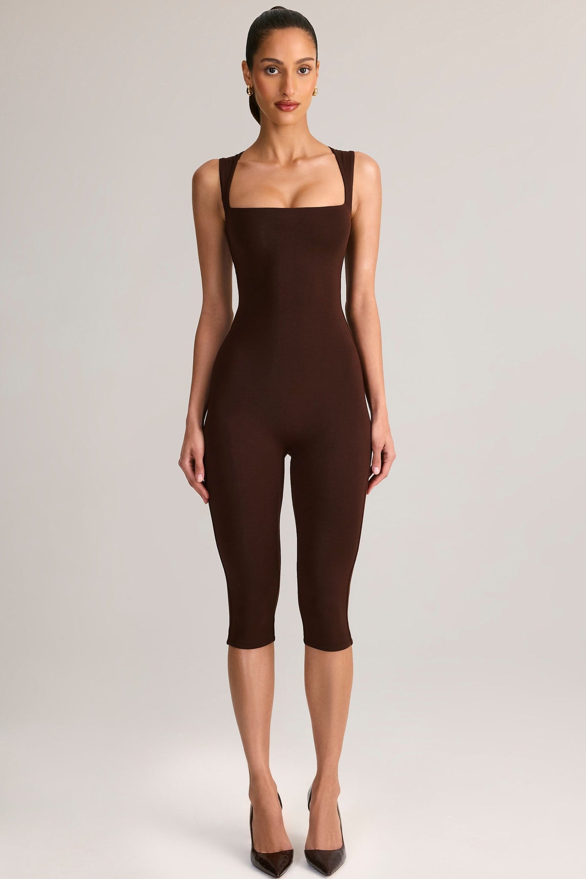 Modal Square-Neck Bodycon Capri Jumpsuit in Chocolate Brown — three-quarter view