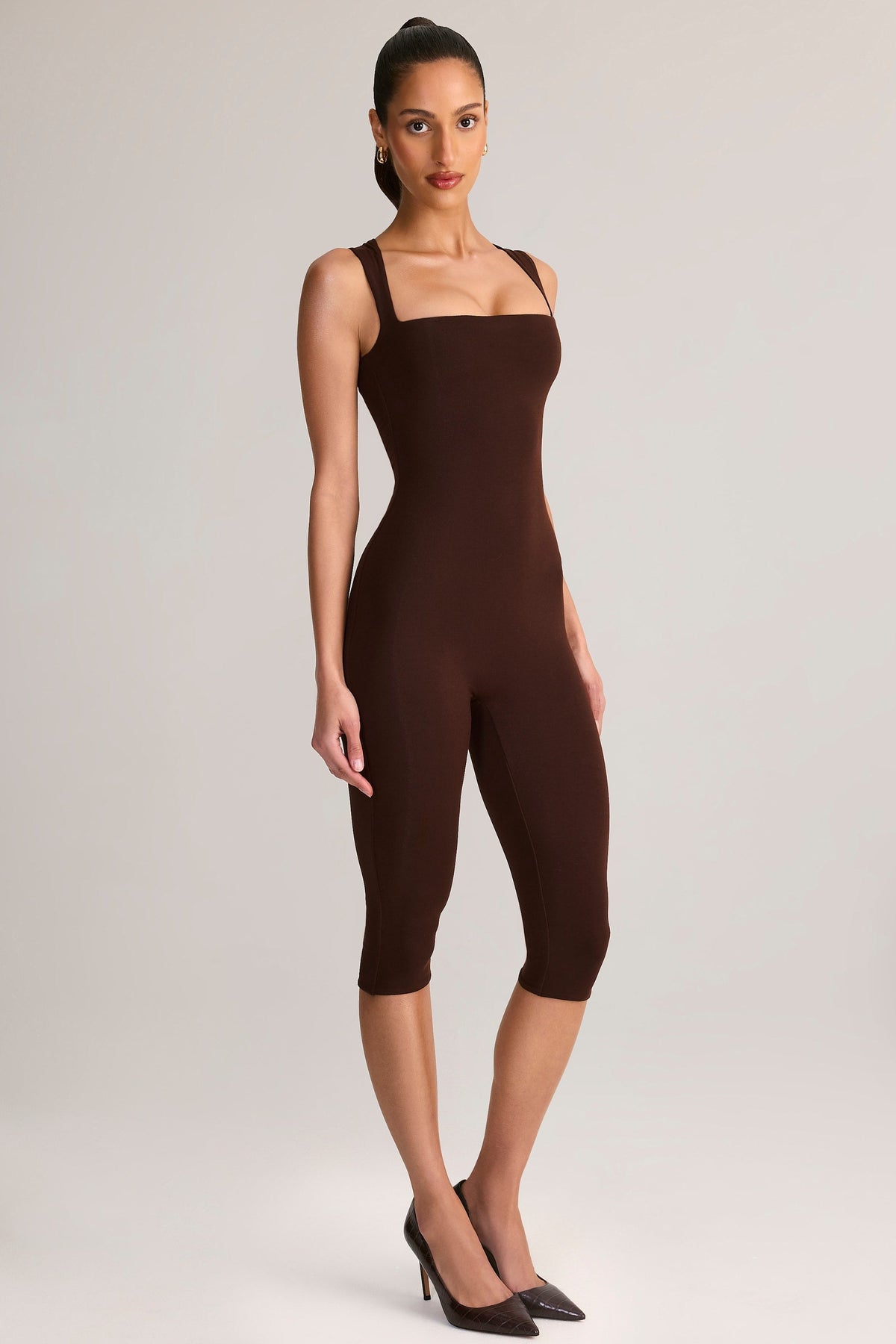 Modal Square-Neck Bodycon Capri Jumpsuit in Chocolate Brown — styled