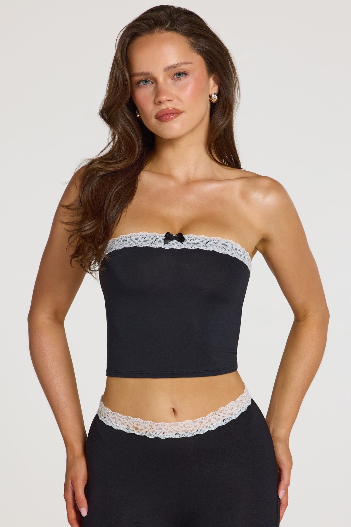 Modal Lace-Trim Bandeau Top in Black — front view