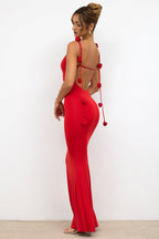 Slinky Jersey Rose Detail Evening Gown in Scarlet Red — back view, full length