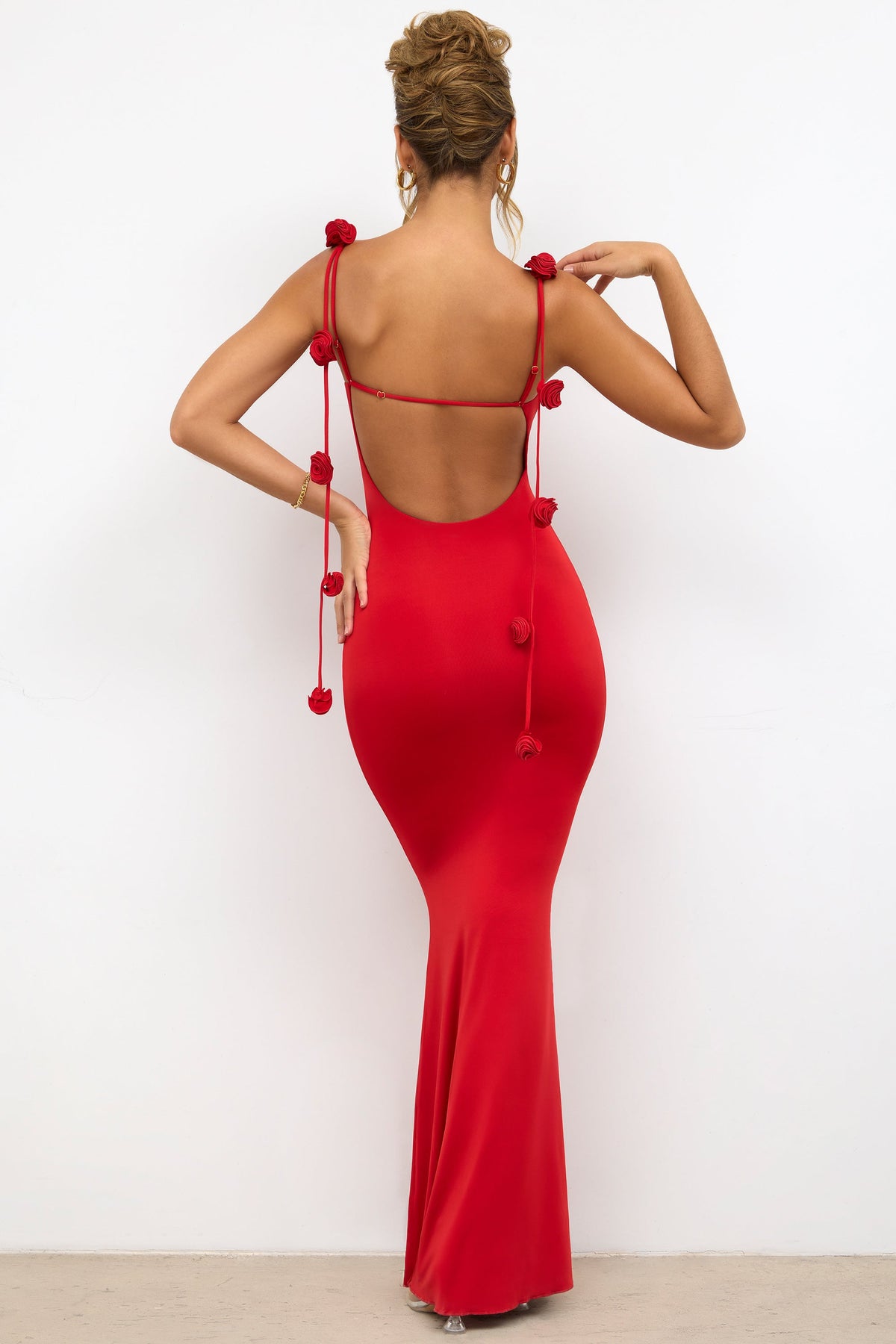Slinky Jersey Rose Detail Evening Gown in Scarlet Red — back view, detail