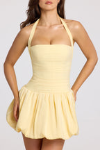 Lace-Up Bubble Hem Corset Mini Dress in Butter Yellow — front view, full length