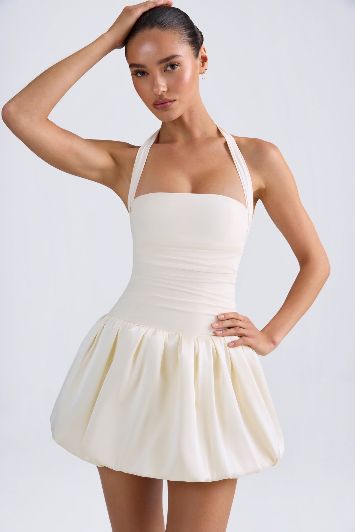 Lace-Up Bubble Hem Corset Mini Dress in Ivory — side view