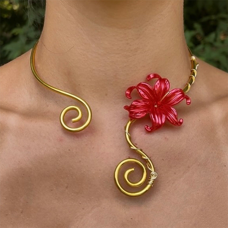 Bloom Statement Necklace in Red — worn on model