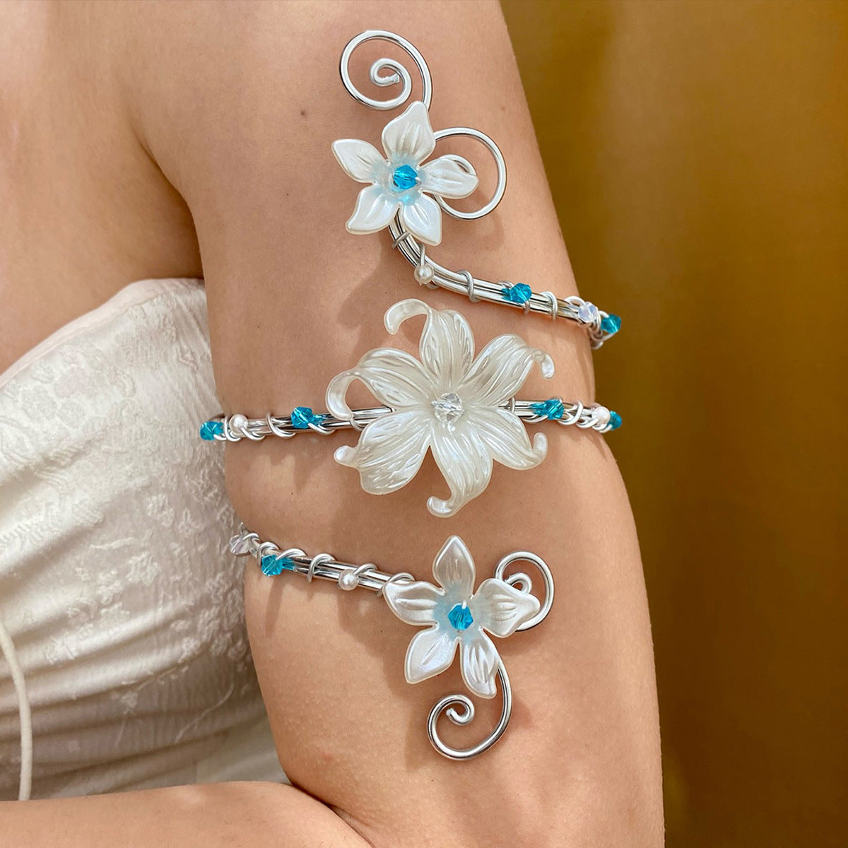 Floral Wrap Arm Cuff in Silver — worn on arm