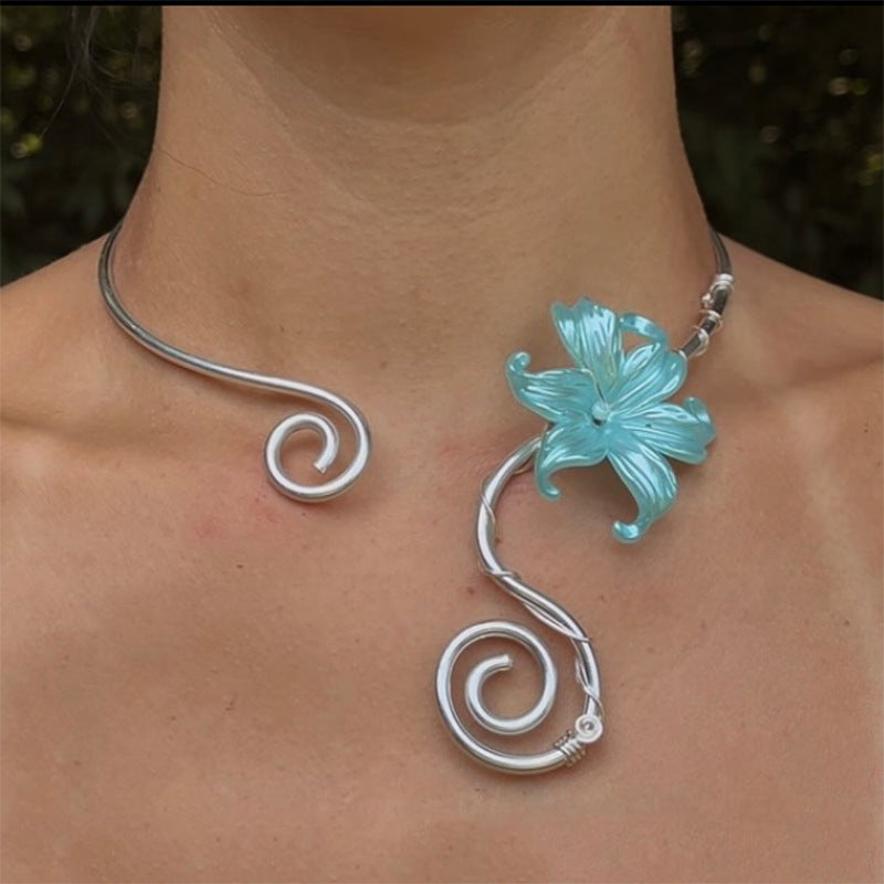 Bloom Statement Necklace in Blue — worn on model