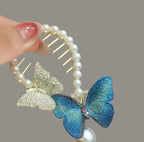 Floral Hair Pin with Pearl Details in Blue — detail view