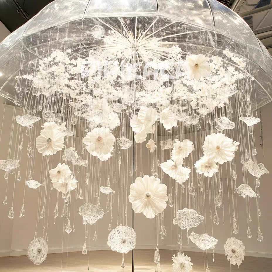 Floral Umbrella Hanging Decoration in White — front view