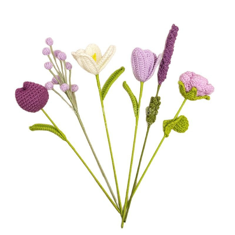Crochet Floral Stems Soft Lavender Bouquet — stems laid out