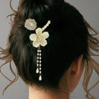 Floral Hair Pin with Pearl Details in White — on model