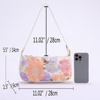 Primrose pastel floral embroidery shoulder bag — detail with size reference