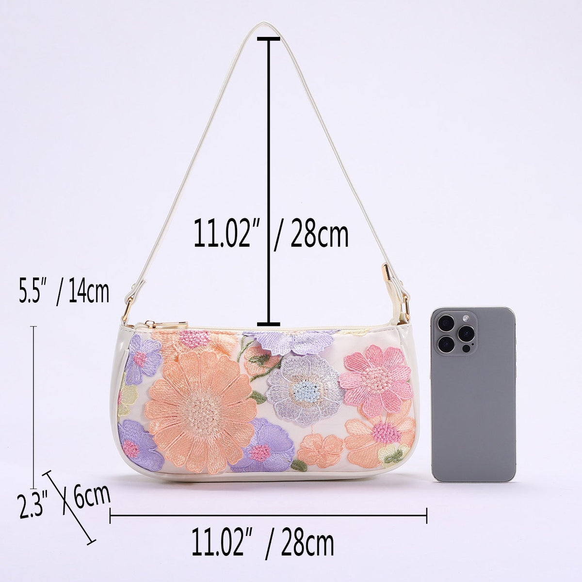 Primrose pastel floral embroidery shoulder bag — detail with size reference