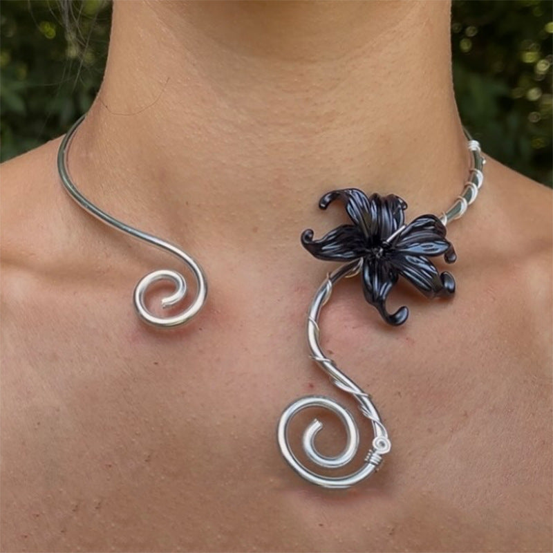 Bloom Statement Necklace in Black — worn on model