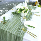 Crinkle Fabric Table Runner in Olive Green — styled on table