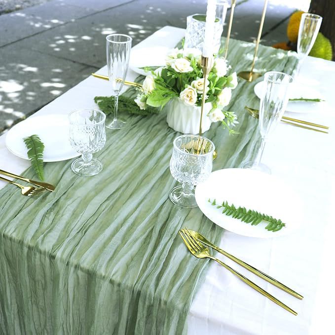 Crinkle Fabric Table Runner in Olive Green — styled on table