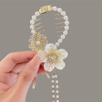 Floral Hair Pin with Pearl Details in White — detail view