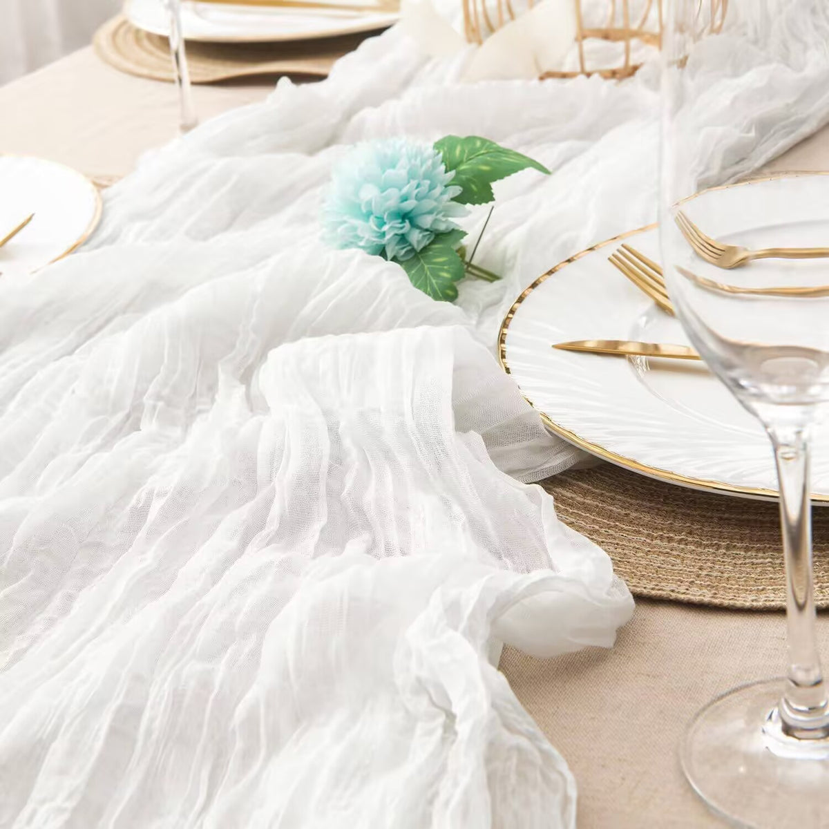 Crinkle Fabric Table Runner in White — styled on table