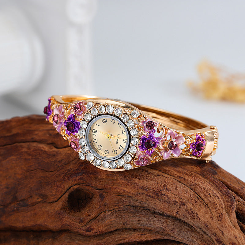 Floral Crystal Bangle Watch in purple — front view