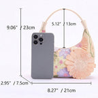 Clementine floral embroidery shoulder bag — detail with size reference