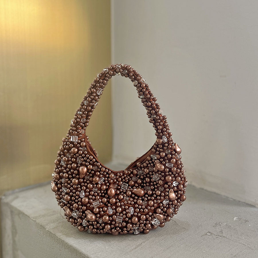 Margot mocha faux-pearl shoulder bag — three-quarter view