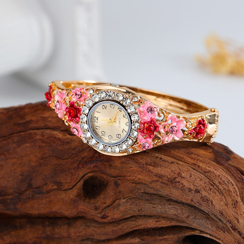 Floral Crystal Bangle Watch in pink — front view