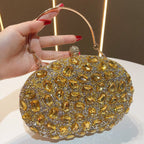 Seraphina crystal-bead evening clutch in gold — three-quarter view