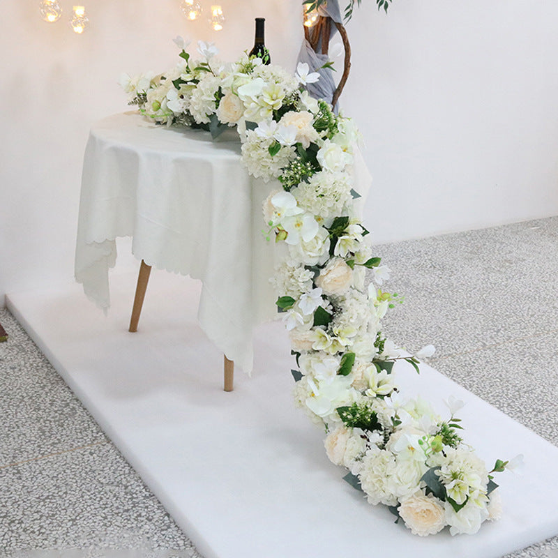 Artificial Flower Table Runner in White — detail view